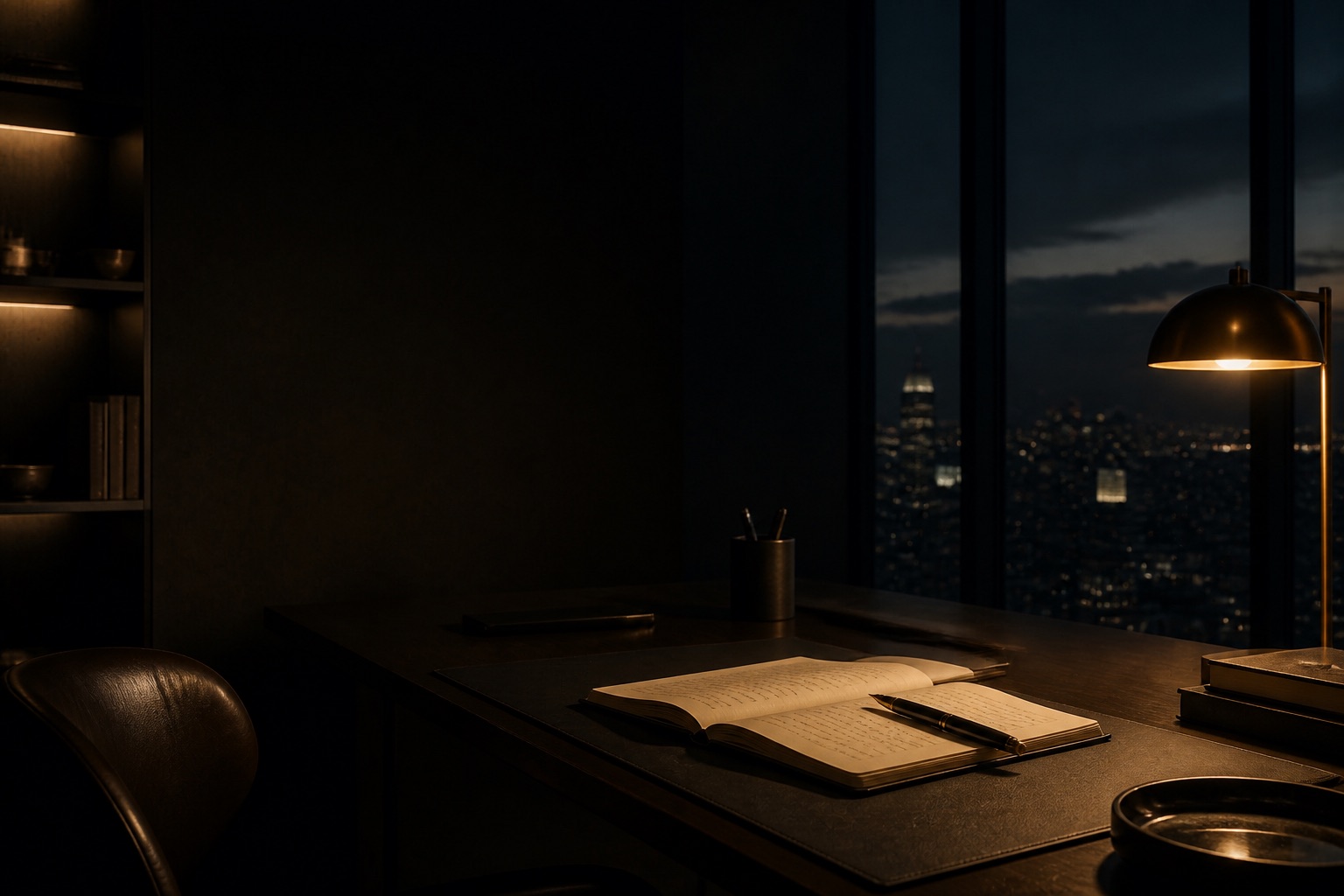 An editorial desk with research notes in warm evening light.
